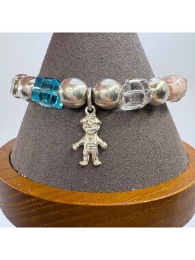 Glass Bead Little Boy Charm Bracelet Sterling Silver 925 Size 7.5" Fit